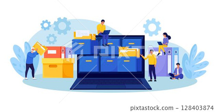 Document archiving and storage. Business people search files in archives. Support service, database. Men working with information, documents and statistics in analytical department. Folder in archive 128403874