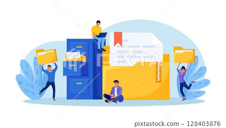 Document archiving and storage. Business people search files in archives. Support service, database. Men working with information, documents and statistics in analytical department. Folder in archive Document archiving and storage. Business people search files in archives. Support service, database. Men working with information, documents and statistics in analytical department. Folder in archive 128403876