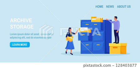 Document archiving and storage. Business people search files in archives. Support service, database. Men working with information, documents and statistics in analytical department. Folder in archive 128403877