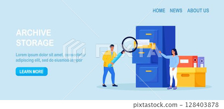 People taking documents from archive, using magnifying glass and searching files in electronic database. Office clerks or employees indexing data. Businessman holding folder from online storage People taking documents from archive, using magnifying glass and searching files in electronic database. Office clerks or employees indexing data. Businessman holding folder from online storage 128403878