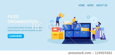 People taking documents from archive, using magnifying glass and searching files in electronic database. Office clerks or employees indexing data. Businessman holding folder from online storage 128403882