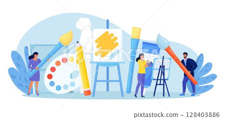 Artists painting with palette and brushes at easel. Art studio, open art classes, modern arts gallery. Watercolor or oil painting, creative hobby, workshop. People creating traditional artworks Artists painting with palette and brushes at easel. Art studio, open art classes, modern arts gallery. Watercolor or oil painting, creative hobby, workshop. People creating traditional artworks 128403886