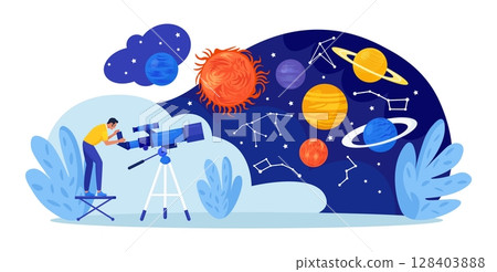 Astronomy, astronomical observation. Man studying galaxy through telescope, explore planets, universes. Person watching meteors, constellation of stars. Astronomer observing sky with celestial bodies 128403888