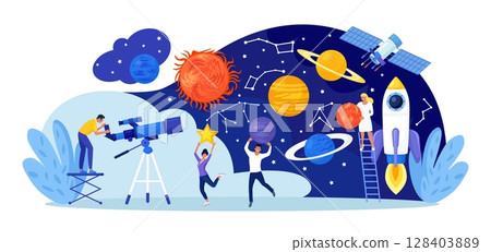 Astronomy, astronomical observation. Man studying galaxy through telescope, explore planets, universes. People watching meteors, constellation of stars. Astronomer observing sky with celestial bodies 128403889
