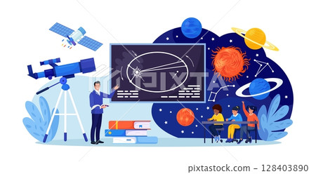 Astronomy, astronomical observation. Pupils at astronomy class in planetarium. Children learning planets, universes. Students studying galaxy through telescope, watching meteors constellation of stars 128403890
