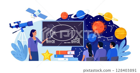 Astronomy, astronomical observation. Pupils at astronomy class in planetarium. Children learning planets, universes. Students studying galaxy through telescope, watching meteors constellation of stars 128403891