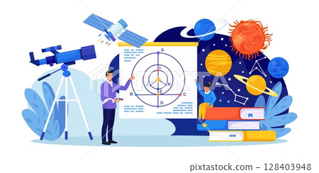 Astronomy, astronomical observation. Pupil at astronomy class in planetarium. Children learning planets, universes. Student studying galaxy through telescope, watching meteors constellation of stars 128403948