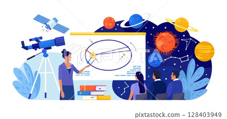Astronomy, astronomical observation. Pupils at astronomy class in planetarium. Children learning planets, universes. Students studying galaxy through telescope, watching meteors constellation of stars 128403949