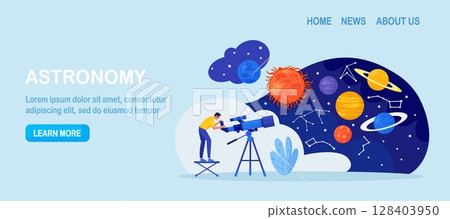 Astronomy, astronomical observation. Man studying galaxy through telescope, explore planets, universes. Person watching meteors, constellation of stars. Astronomer observing sky with celestial bodies Astronomy, astronomical observation. Man studying galaxy through telescope, explore planets, universes. Person watching meteors, constellation of stars. Astronomer observing sky with celestial bodies 128403950