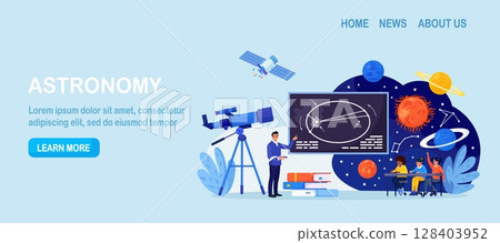 Astronomy, astronomical observation. Pupils at astronomy class in planetarium. Children learning planets, universes. Students studying galaxy through telescope, watching meteors constellation of stars 128403952