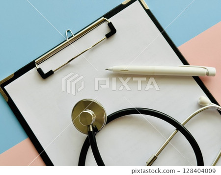 Stethoscope and binder (light blue and pink background) Stethoscope and binder (light blue and pink background) 128404009