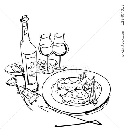 西餐線描插圖和英文字母肉類菜餚、葡萄酒和玻璃杯 128404015