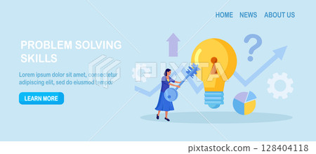 Businessman unlock new business idea. Character holding key to insert into keyhole on light bulb to reach target. Goal achievement concept. Invent new product or unlock creativity. Career opportunity 128404118