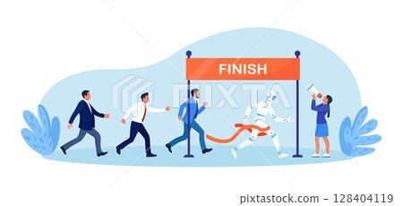 Ai robot vs man. Business competition. Robot employee competition with human. Artificial intelligence and people running competition together. Future automation. Robotic machine and worker 128404119