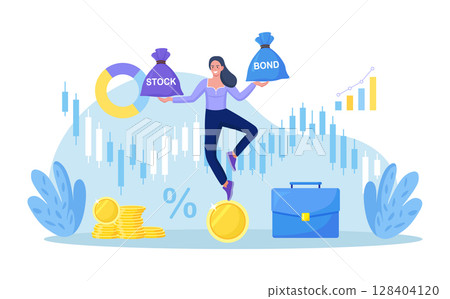 Woman investor balancing as acrobat on giant dollar coin, choosing between stocks and bonds. Diversify portfolio investments. Wealth accumulate. Balanced investment strategy. Finance asset allocation 128404120