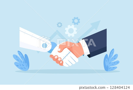 Handshake human and android. Contract with ai robot, technology professional partnership. Businessman and artificial intelligence shaking hands. Future cooperation, technology Advance, innovation 128404124