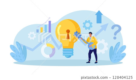 Businessman unlock new business idea. Character holding key to insert into keyhole on light bulb to reach target. Goal achievement concept. Invent new product or unlock creativity. Career opportunity 128404125