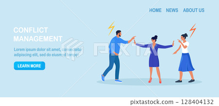 Conflict management. Woman stopping conflict or fighting. Leadership skill to compromise and solving argument problem. Disagreement communication, negotiation. Business deal conversation 128404132