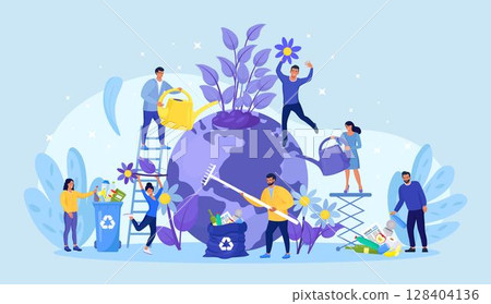 Save earth, ecology. Volunteers cleaning planet from garbage, planting flowers. People take care about world. Environmental protection from pollution. Use renewable resources for protect nature 128404136