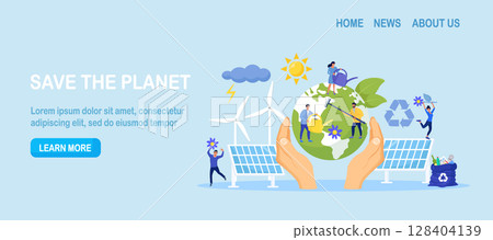 People Trying to Save Planet Earth from Climate Change. Person Planting and Watering Trees. Global Warming. Characters Collecting Plastic Trash into Recycling Garbage Bin, Use Alternative Energy 128404139