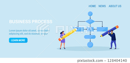 Business people drawing workflow process diagram. Businessmen creating optimization scheme, flowchart to get result. Strategy to implement concept. Strategic planning. Business plan 128404140