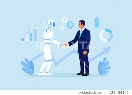 Handshake human and android. Contract with ai robot, technology professional partnership. Businessman and artificial intelligence shaking hands. Future cooperation, technology Advance, innovation Handshake human and android. Contract with ai robot, technology professional partnership. Businessman and artificial intelligence shaking hands. Future cooperation, technology Advance, innovation 128404141
