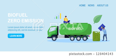 Truck delivering biofuel to petrol refill station. Renewable energy source derived from organic materials. Reducing greenhouse gas emissions. Alternative green diesel. Environmental sustainability 128404143