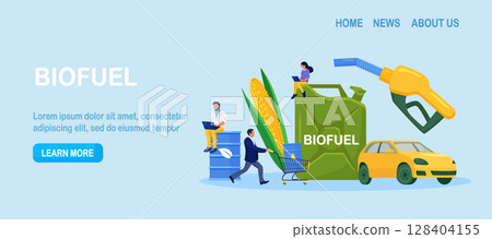 Biofuel petrol refill station with vehicles. Renewable energy source derived from organic materials. Reducing greenhouse gas emissions. Alternative green diesel. Environmental care, sustainability Biofuel petrol refill station with vehicles. Renewable energy source derived from organic materials. Reducing greenhouse gas emissions. Alternative green diesel. Environmental care, sustainability 128404155