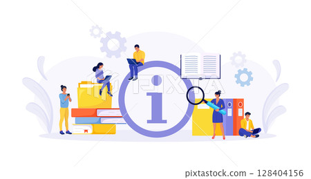 Users looking for information. People searching files in database, archive, info storage. Information center or communication service. FAQ or question and answer 128404156