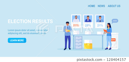 Election results. Two election observers helps counting voting results. Candidates received different numbers of votes. Political competition and democracy. Stacks of ballot papers on table 128404157
