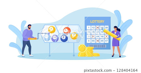 Lucky people playing in bingo or keno. Gambling players cross out numbers in lottery tickets, guess numbers. Man spinning raffle drum with numbered balls. Woman filling out lotto ticket 128404164