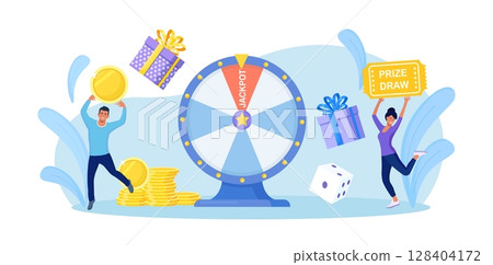 Casino and gambling. People playing fortune wheel. Winners with gift boxes, dice and giant raffle drum. Players spinning lucky wheel, hit jackpot and receive money. Woman celebrate lottery winning 128404172
