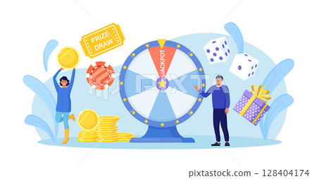 Casino and gambling. People playing fortune wheel. Winners with gift boxes, dice and giant raffle drum. Players spinning lucky wheel, hit jackpot and receive money. Woman celebrate lottery winning 128404174