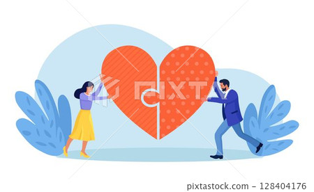 Man and woman put the puzzle pieces together to red heart shape form. Happy Valentine's day. Love story. Romantic marriage concept. 128404176