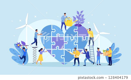 Volunteers connecting piece jigsaw in heart shape. Save the planet, sustainability. Environmental protection. Man gives love to the earth. People plant seedlings, clean up the soil, nature 128404179