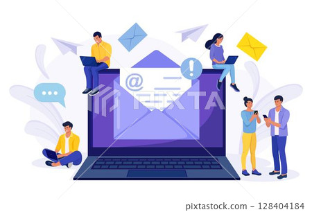 Sending and receiving mail messages. People using electronic mail by phone, computer, laptop. Characters writing email letters by smartphone, laptop. New incoming sms, chat in social network, spam 128404184