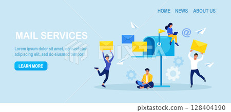Mail service and correspondence delivery. People receiving, sending letters, sorting documents. New incoming sms, e-mail message. Retro mailbox with envelopes. Spam in social network chat 128404190