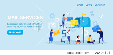 Mail service and correspondence delivery. People receiving, sending letters, sorting documents. New incoming sms, e-mail message. Retro mailbox with envelopes. Spam in social network chat 128404191