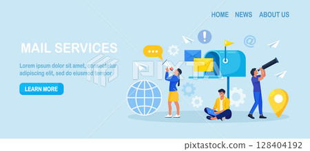 Mail Service, Correspondence Delivery. People Receiving, Sending Letters, Sorting Documents. New Incoming SMS, E-mail Message. Retro Mailbox with Envelopes. E-mail Marketing. Spam in Social Network 128404192