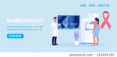 Woman patient getting breast screening test, mammography on x-ray machine. Doctor oncologist diagnose oncology, breast cancer. Mammogram Fluorography on screen. Healthcare and medical examination 128404195