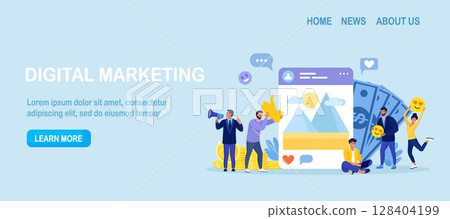 Digital marketing. Social network and media communication. SEO and promotion. Engaging content. Bloggers monetize blog, earning money and shares post. Blogging monetization, SMM team 128404199
