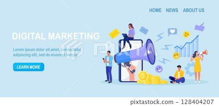 Digital marketing. Hand holding megaphone coming out from phone. Business analysis, content strategy and management. Advertising Social media campaign, communication, SEO. Vector design Digital marketing. Hand holding megaphone coming out from phone. Business analysis, content strategy and management. Advertising Social media campaign, communication, SEO. Vector design 128404207