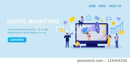 Digital marketing. Hand holding megaphone coming out from computer. Business analysis, content strategy and management. Advertising Social media campaign, communication, SEO. Digital marketing. Hand holding megaphone coming out from computer. Business analysis, content strategy and management. Advertising Social media campaign, communication, SEO. 128404208