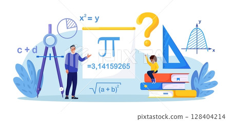 Math school subject. Pupil studying mathematics in classroom. Teacher pointing at chalkboard, teaching kids. Children learn maths, arithmetics, algebra and geometry. Education, knowledge 128404214