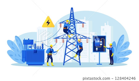Electricity energy maintenance.Team of electricians control power energy lines. Technician repair service of powerline.Telephone or electricity line poles with power supply repairmen. Lighting testing 128404246