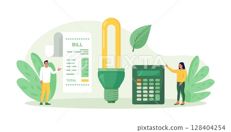 Utility bills payment. Electricity consumption expenses. People reduce energy consumption at home, use energy saving light bulb. Power save concept. Household energy and resources, meter installation Utility bills payment. Electricity consumption expenses. People reduce energy consumption at home, use energy saving light bulb. Power save concept. Household energy and resources, meter installation 128404254