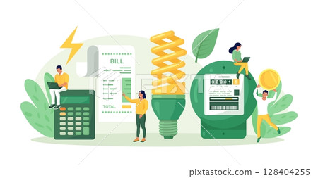 Utility bills payment. Electricity consumption expenses. People reduce energy consumption at home, use energy saving light bulb. Power save concept. Household energy and resources, meter installation Utility bills payment. Electricity consumption expenses. People reduce energy consumption at home, use energy saving light bulb. Power save concept. Household energy and resources, meter installation 128404255