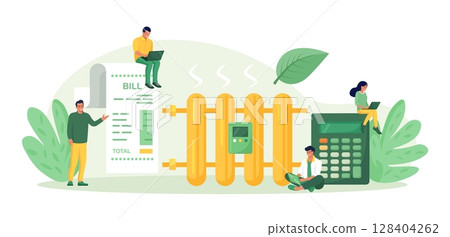 Man monitoring central heating meter, calculating utility bill. Home energy efficiency audit. Reduce costs heating, cooling. Efficiency utilities consumption. Save money on payment for resource usage 128404262