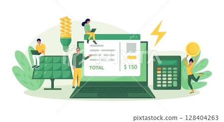 People calculating utility bills and worrying about costs increase. Electricity consumption expenses. Energy statement. Efficiency  utilities consumption. Save money on payment for home heating usage 128404263