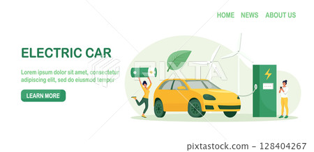 Electric Car Battery Charging at Electric Recharge Station, Wind Turbines in the Background. Alternative Energy Vehicle. Futuristic Transport. Use Green Power. Environmental Care, Renewable Sources Electric Car Battery Charging at Electric Recharge Station, Wind Turbines in the Background. Alternative Energy Vehicle. Futuristic Transport. Use Green Power. Environmental Care, Renewable Sources 128404267